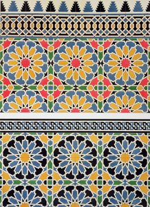 Azulejos do mihrab da Mesquita de Cheykhoun, de "Arte árabe vista pelos monumentos do Cairo do século VII ao final do século XVIII", gravada por Marchand, publicada em 1877
